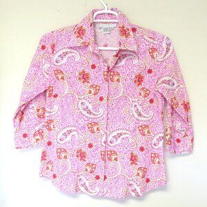 Ninety pink and red paisley button up three quarter sleeve blouse size large
